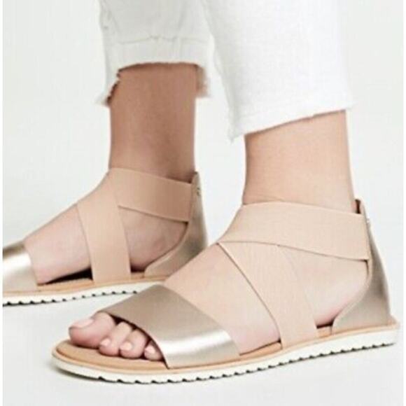 Sorel Women Ella Soft Suede Comfort Stretch Strap Flat Sandals Size 9 Beige Gold - Picture 1 of 7